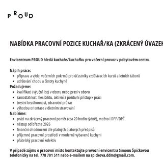 NABÍDKA PRACOVNÍ POZICE: VEČERNÍ KUCHAŘ/KA