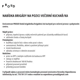 Hledáme výpomoc na pozici večerní kuchař/ka